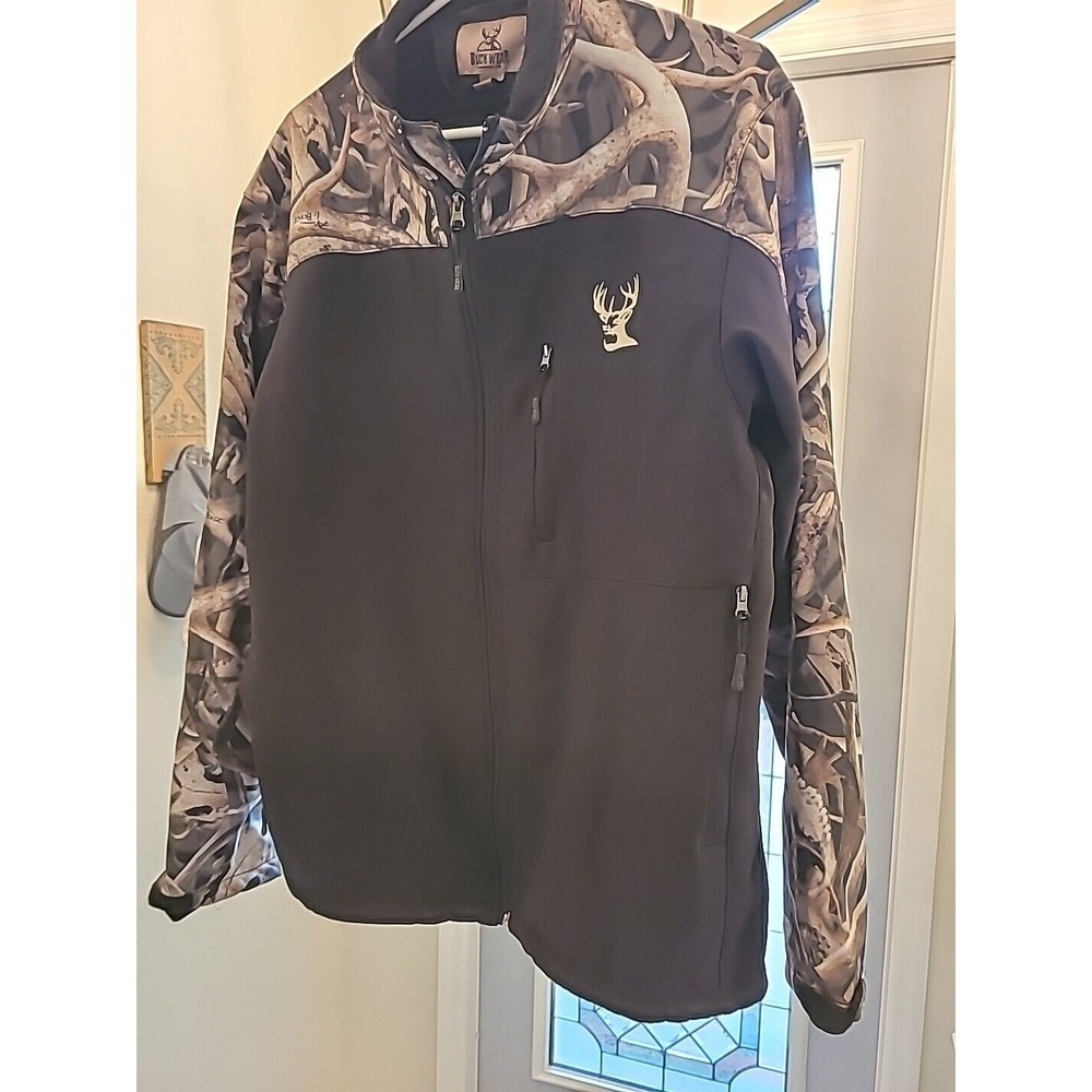 BUCK WEAR Mens Black Camo Soft Shell Jacket L Zip Pockets, Full Zip - Picture 3 of 11